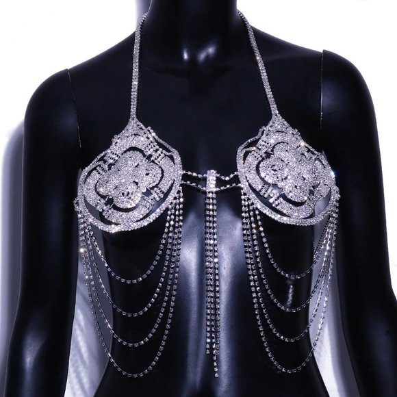 Crystal Bra Top Chain Bikini Jewelry Tassel Body Chain Rhinestone Chain Lingerie - Picture 6 of 10